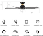 SMAAIR 52 Inch Smart Ceiling Fan with Light and Remote, Flush Mount Modern Ceiling Fan with lights,Compatible with Alexa/Google Assistant/Siri,Timer and Schedule,10 Speed DC Motor,Black