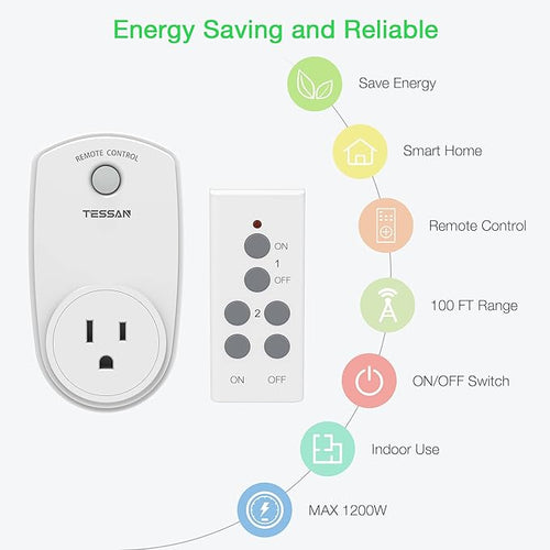 2 Pack Remote Control Outlet, TESSAN Wireless Electrical Plug Switch for Lights, Lamps, Fans, 100ft RF Range, 1200W (1 Remote + 2 Outlet)