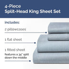 Split Head King Sheet Set – 4 Piece Flex Split Top King Sheets for Adjustable Beds - Fits 14” to 16" Mattress w/ Deep Pockets - Breathable & Cooling - Luxury Bedding and Wrinkle Free - Heathered Blue