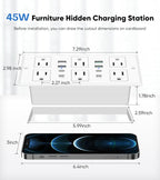 Recessed Power Strip with 45W USB C, Furniture Desk Flush Mount Outlet, Ultra Thin Flat Plug Power Strip, 6 Outlets & 8 USB Ports, 10FT Cord (White)