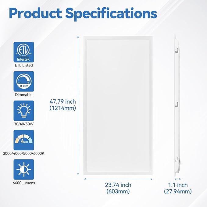 CycevSun 36-Pack 2x4 LED Flat Panel Light - Drop Ceiling, 40/50/60W Selectable, Up to 6600LM, 4CCT 3000K/4000K/5000K/6000K, 0-10V Dimmable, 100-277V, ETL Listed, 5-Year Service