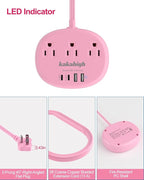 Pink Extension Cord - 10 FT Flat Extension Cord, 1625W Cute Extension Cord with 3 AC Outlet 4 USB (24W/4.8A), Compact for Cute Pink Kawaii Desk Home Essentials