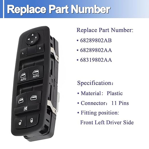 68289802AA Master Power Window Switch Front Left Driver Side Fits for 2016-2023 Dodge Durango 2016-2021 Grand Cherokee Replace 68289802AB, 68319802AA