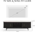 POVISON Fully-Assembled Mid Century Modern Black TV Stand with White Glossy Sintered Stone Tabletop & LED Lights, Rolling Door Media Console, Wood TV Console for Living Room