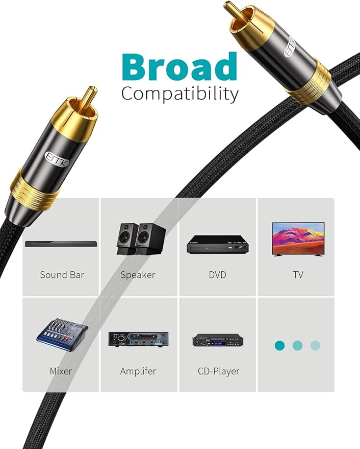 Subwoofer Cable,EMK Digital Coaxial Audio Cable [24K Gold-Plated, Durable Cotton] Premium S/PDIF RCA Male to RCA Male for Home Theater, Soundbar,Speaker,HDTV, Subwoofer, Hi-Fi Systems (Black-5ft/1.5m)