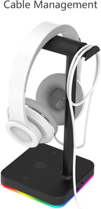KAFRI RGB Headphone Stand with USB Hub Desk Gaming Headset Holder Hanger Rack with 1 USB2.0 Extension Charging Port Extender Cord - Suitable for Gamer Desktop Table Game Earphone Accessories, Black
