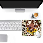 Western Highland Cow Sunflowers and Cowhide Brown Square Mouse pad, Texture, Waterproof, Anti Slip Rubber Base, Computer Mouse pad