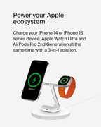 Belkin MagSafe Charger, 3-in-1 Wireless Charging Stand, 2ND GEN, 33% Faster for Apple Watch, iPhone 16, iPhone 15, iPhone 14 Series, AirPods - MagSafe Charging Station for Multiple Devices - White