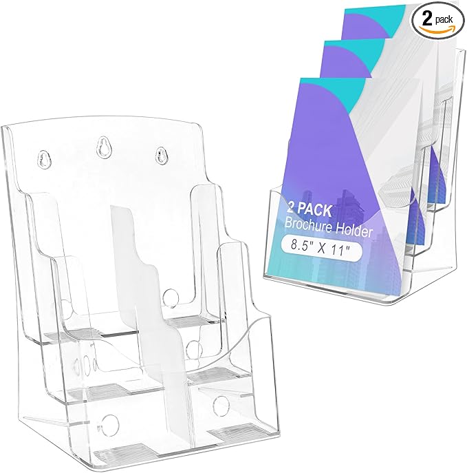 AMGSH 2 Pack 3 Tier Brochure Holder 8.5” x 11” - Acrylic Literature Holder with Removable Divider for 4” x 9” Brochure, Clear Flyer Holder Pamphlet Display Stand