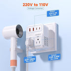TREVOLTY 2000W Voltage Converter US to Europe for Hair Dryers, 7-in-1 220V to 110V Converter for European Travel with 3 AC/2 USBA/2 USBC Ports (PD20W), Universal Travel Adapter (White)