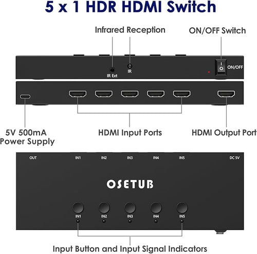 4K@60Hz 5 in 1 Out HDMI Switch, 5 Port HDMI Switcher Selector Support HDR10 & HDCP 2.2 & Full 3D with IR Remote Control Compitable with Nintendo Switch,Xbox PS5/4,Fire Stick,Roku,Apple TV for Gaming