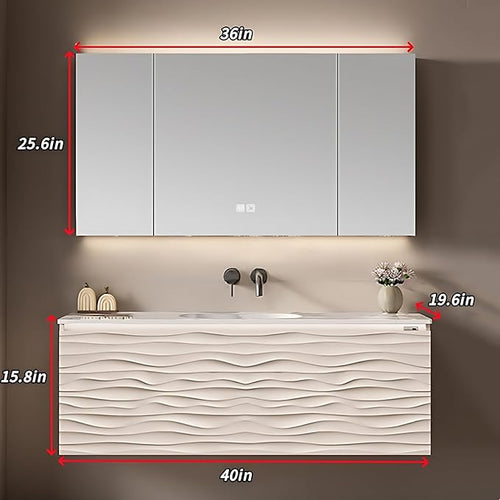 40IN Bathroom Vanity - Smart Defogging Mirror Cabinet | Waterproofing Technology & Wave Shaped Door Panel, Floating Bathroom Vanities with Large Storage Space (Mirror Cabinet)