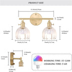 Shenmoyl Battery Operated Bathroom Light Fixtures, 2-Light Brass Vanity Wall Light with 5000mAh Rechargeable Bulb Over Mirror with Clear Tulip Glass Shade for Bedroom Living Room