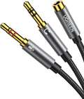 UGREEN Headphone Splitter for Computer 3.5mm Female to 2 Dual 3.5mm Male Braided Audio Splitter Cable Microphone Stereo Jack Earphones Port Cord Gaming Headset to PC Laptop Adapter Black