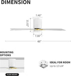 WINGBO 48" DC Flush Mount Ceiling Fan with Lights, 5 Plywood Blades, 6-Speed Reversible DC Motor, 3CCT, Low Profile Hugger Ceiling Fan for Living Room Bedroom Kitchen, White and Brass