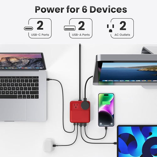 135W Charging Station USB C Power Strip,6-in-1 GaN USB C Charger Block with Plug &5ft Cord,2 AC,2 USB-A,2 USB-C,PD 65W Laptop Charger for MacBook,iPhone 16/15/14,Desktop Fast Charging for Home,Office