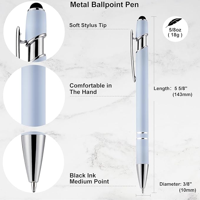 LINFANC 12 Pack Morandi Ballpoint Pen with Stylus Tip, 1.0 mm Black Ink Smooth Writing Pens, Metal Stylus Pens for Touch Screens