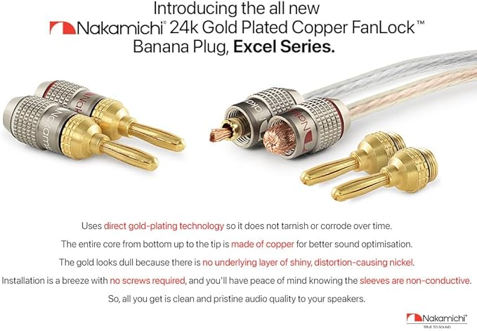 Nakamichi FanLock Excel Series 24k Gold Plated Banana Plugs 10 AWG - 18 AWG Gauge Size 4mm for Speakers Amplifier Hi-Fi Stereo Home Theatre Radio Audio Wire Cable Quick Connector, 12 Pcs (6-Pairs)