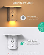 Wall Outlet Extender with Shelf and Night Light, Surge Protector, USB Wall Charger with 5 AC Outlets and 2 USB A Ports 2 USB C Ports Wide Space 3-Sided Power Strip Multi Plug Outlets
