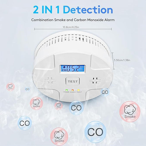 2 in 1,Combination Smoke and Carbon Monoxide Alarm,Detect CO,85 dB Alert,LCD Digital Readout,with 3 * 1.5V AA Batteries,Low Battery Warning,Self Test Button,Easy Installation and Maintenance