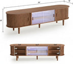 70" Fluted TV Stand with LED Lights for TVs up to 75 Inch, Mid Century Modern Entertainment Center with Sliding Doors & Glass Shelf, TV Console Table Media Console for Living Room, Walnut