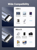 UGREEN 10 Gbps Micro B to USB C Hard Drive Cables, 6.6FT USB C to Micro B, External Hard Drive Cable Compatible with MacBook Pro/Air, iPad/Tablet, iPhone, Samsung Galaxy S24, WD Seagate etc