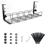 Under Desk Cable Management Tray No Drill - 15.7'' Long 5.1'' Wide Workspace Organizers, Pc Accessories, Steel Cord Organizers, 4 Cable Holder, 12 Roll Cable Organizer Straps(Black)
