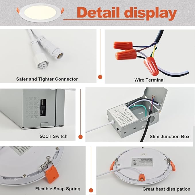 MKUJOO 24 Pack 4 Inch Ultra-Thin LED Recessed Ceiling Light with Junction Box,Panel Light,Daylight, 9.5W,2700K/3000K/3500K/4000K/5000K Selectable Dimmable Downlight ETL&FCC&CE Energy Star Certified