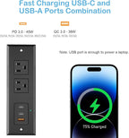 CCCEI Recessed Power Strip with 45W USB-C Ports, Fast Charging USB A Port Desk Outlet, Black Furniture Hidden Charging Station for Side Table, End Table, with 10FT 45 Degree Flat Plug Extension Cord.