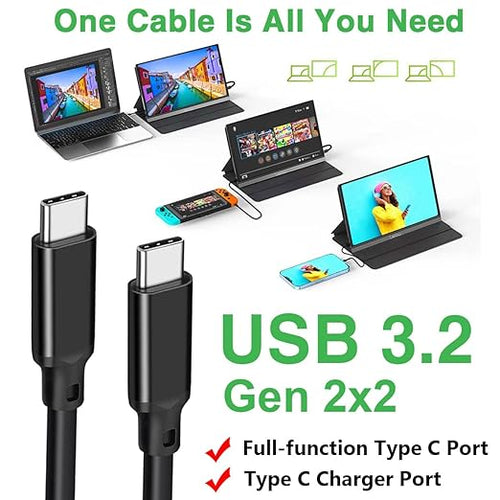 6.6FT USB-C 3.2 Gen 2×2 Display Monitor Video Link Data Transfer Cable for Lepow Z1 15.6 In, InnoView, ASUS ZenScreen, KYY, Cocopar, Arzopa, AOC, Type-C High Speed Portable Monitor Charger Power Cord