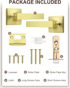 Mengico 2 Pack Passage Door Levers Gold Finish, No-Locking Keyless Square Door Knob, Interior Door Handles for Closet and Hallway, Reversible for Left & Right Handed