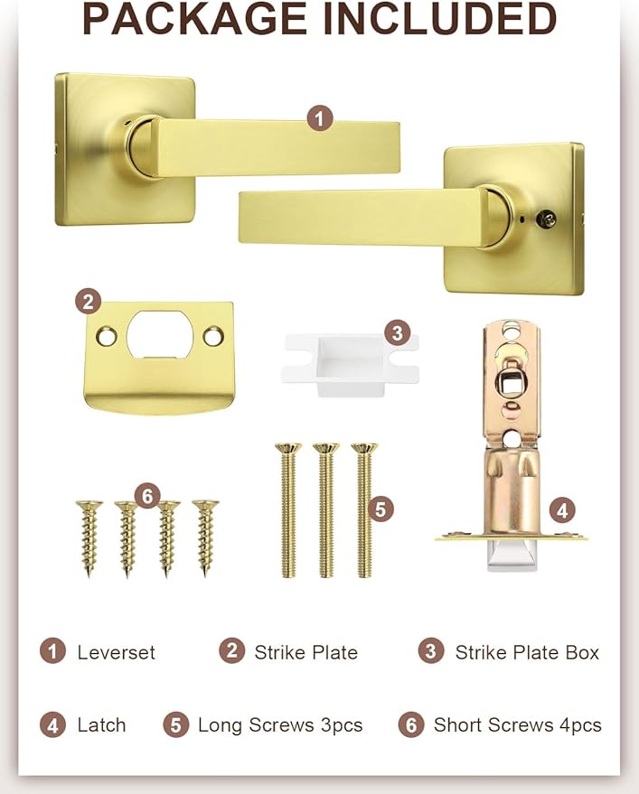 Mengico 6 Pack Passage Door Levers Gold Finish, No-Locking Keyless Square Door Knob, Interior Door Handles for Closet and Hallway, Reversible for Left & Right Handed