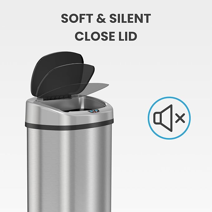 iTouchless 13 Gallon Oval Sensor Trash Can with Odor Filter, Automatic Motion Sensor Kitchen Bin, Soft-Close Stainless Steel, Slim Curved Wastebasket for Narrow Walkways & Islands, Matte Silver