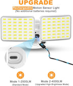 Rechargeable Battery Motion Light, 2500LM & 4000LM Dual Modes Motion Sensor Security Lights, USB Charging Wireless Flood Light Battery Powered, LED Outdoor Lights for Garage,Yard,Porch,Shed(2 Packs)