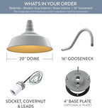 Steel Lighting Co. Large Outdoor Barn Light | Gooseneck Light Fixture | Made in America from 18-Gauge Steel | 20" Dome | 16" Gooseneck Modern Gray Exterior/Brass Interior