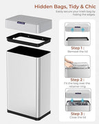 TLSUNNY 16 Gallon Motion Sensor Trash Can,Touchless Automatic Garbage Can,Brushed Stainless Steel Smart Bin,with Bag Holder,Soft Close Lid,for Kitchen,Office,RV,Bedroom,Living Room (Silver, 60L)