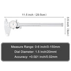 HDLNKAK Dial Caliper 0-6"/150mm Dual Reading Scale, Inch/Metric SAE Standard, Stainless Steel Caliper Measuring Tool Accurate to 0.001”/ 0.02 mm, Silver