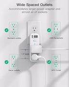 PD30W USB Outlet Extender Surge Protector - with Rotating Plug, 6 AC Multi Plug and 3 USB Ports (2 C), 3-Sided Swivel Power Strip Spaced Splitter for Home, Office, Travel
