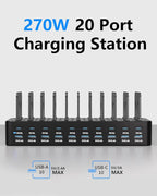 270W Charging Station for Multiple Devices, 20-Port USB Fast Charging Station with Adjustable Dividers & 10 Cables, Multi Device Organizer Charging Dock for iPhone, iPad, Tablets & More
