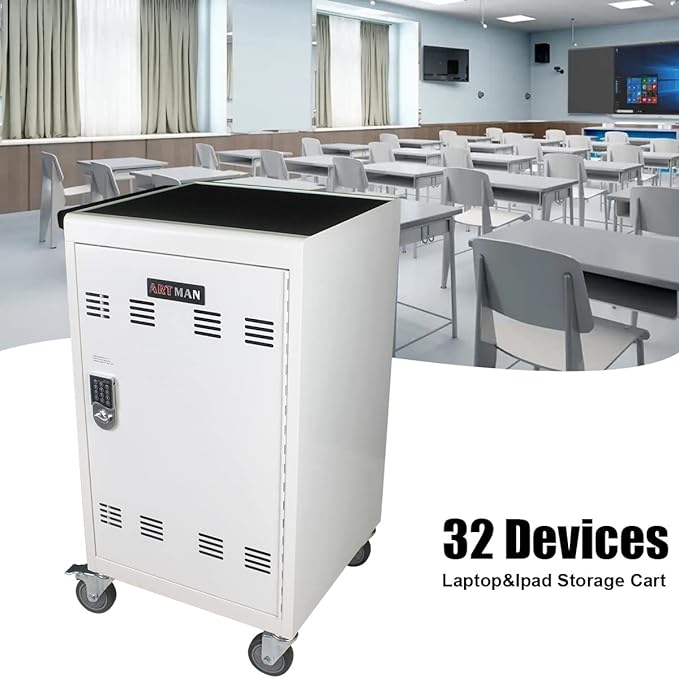 30-Device Mobile Charging Cart with Power Strip, Locks, Cable Management, Up to 16.3" Safe Charging Cabinet for Chromebooks, Tablets, Laptops. White with Code Lock