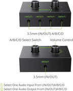 LiNKFOR 4 Port 3.5mm Stereo Audio Switch, 4 Way Stereo Audio Selector, 4 Input 1 Output / 1 Input 4 Output Audio Splitter with Volume Control and 4 Channel Switch Knob