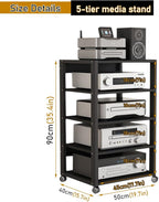 Dernoing 5 Tier Audio Rack Tower, CD Record Player Stereo Receiver AV Equipment Cabinet Display Rack, Weight Capacity 661 lbs, with Adjustable Wooden Shelves for Home (5 Tier Black)