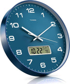 TIMESS Wall Clock, 10" Dial Non-Ticking Silent Battery Operated Analog with LCD Display for Perpetual Calendar and F° Temperature, Ideal Modern Home, Bedroom, Kitchen, Office Decor (Blue)