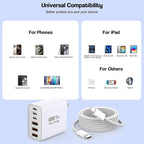 65W USB C Charger Block, 2Pack 6-Port Fast Charging Block with 6ft Long TypeC to TypeC Woven Cable Cord,Multiport Plug,USB C Power Adapter for iPhone 17/17 Air/17 Pro/16/16e/16 Pro Max/15,iPad,AirPods