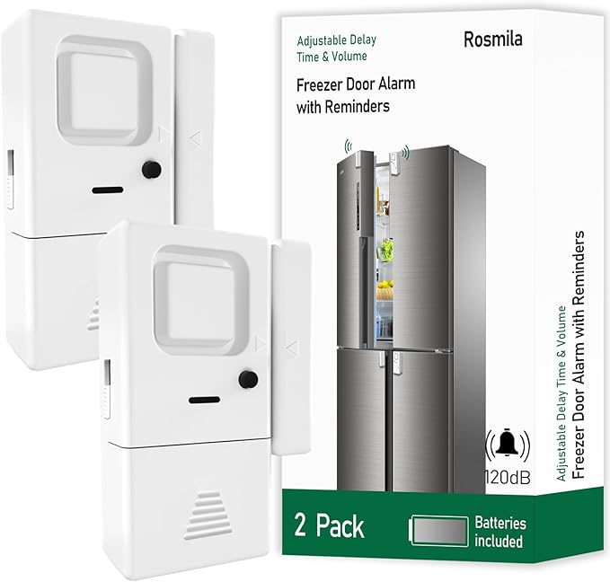 Freezer Door Alarm 2 Pack, Refrigerator Door Alarm When Left Open, Close Door Reminder, with 60/120/180/240 Seconds Delay Alert, Low/Loud 80 to 120 dB (Pure White)