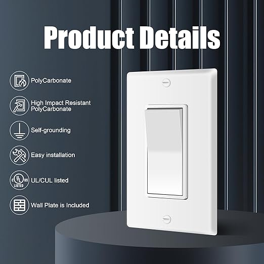 ThunderWay 3 Way Decorator Light Switch with Wall Plates, 15A 120/277V Decora Three Way Electrical Wall Paddle Rocker Switches Replacement, Residential Grade, UL Listed, Glossy White(30 Pack)
