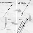 LINFANC 12 Pack Silver Ballpoint Pen with Stylus Tip, 1.0 mm Black Ink Smooth Writing Pens, Metal Stylus Pens for Touch Screens