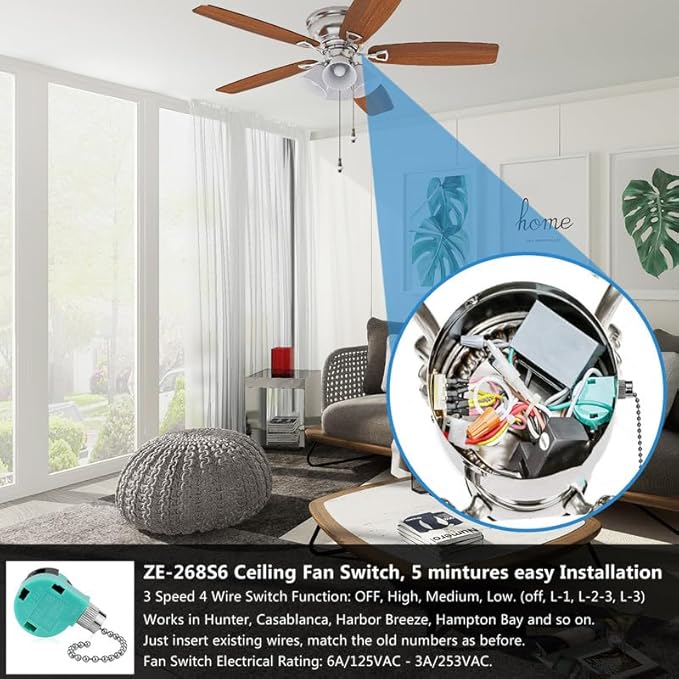 ZE-268S6 Ceiling Fan Switch 3 Speed 4 Wire Pull Chain Switch Control Switch Compatible with Hunter Ceiling Fans, Wall Lamps, Cabinet Light (2 Pack, Nickel)
