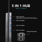 DIKEQINN USB 3.0 Hub with Gigabit Ethernet, 3-Port USB-A 5Gbps + USB-C Power Port for MacBook, Dell, HP, Surface (Plug and Play) (USB-C)