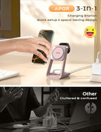 Apor 3 in 1 Charging Station for iPhone, Magsafe Wireless Charger with Cooling Fan for iPhone 17 16e 16 15 14 13 12 Series & Apple Watch Charger, Wireless Charging Station for AirPods 4/3/Pro (Pink)